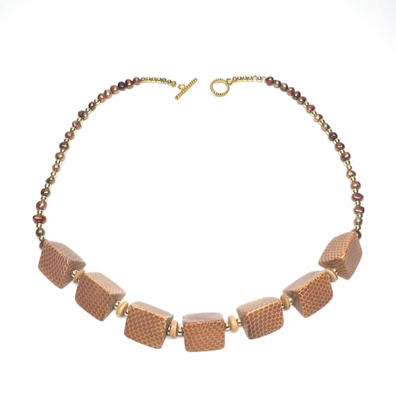 Vintage Snake Skin Necklace Tan Gold Beads Geometric