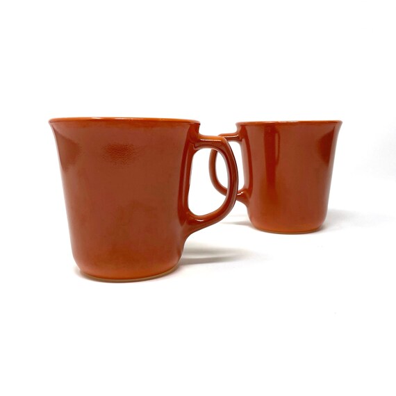 Vintage Pyrex Mugs Orange Glass White Interior 80s Rust Brown Coffee Cups w/ Handles Corningware Pyrex Glass Oven Proof Microwave Safe Pair