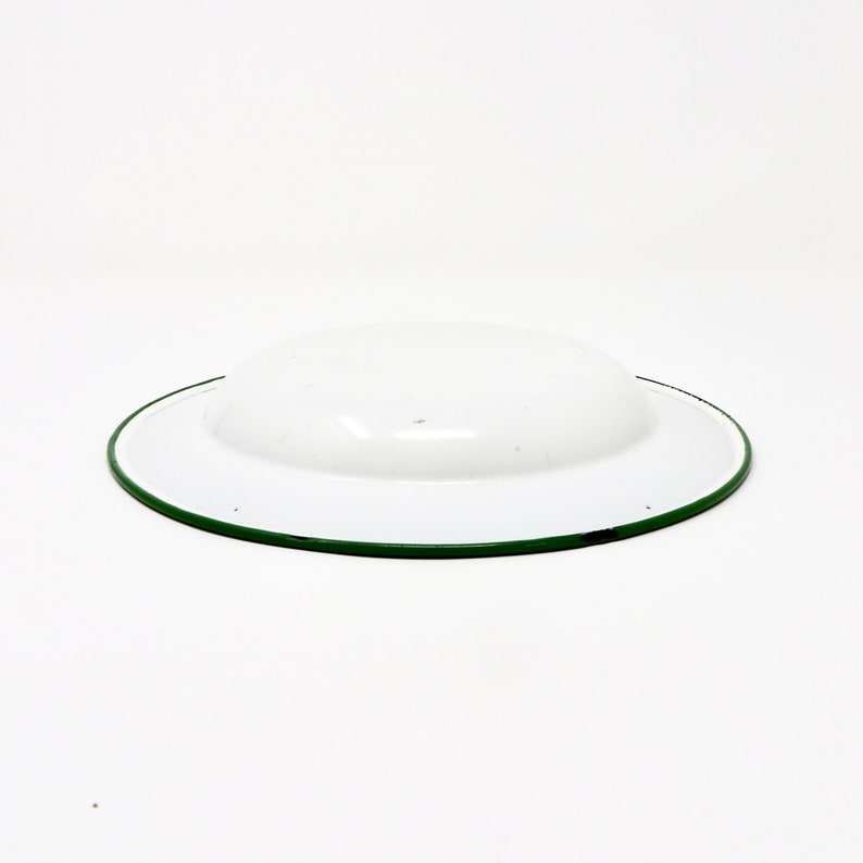 Vintage White Enamelware Plate Green Rim Enamel Camping Tin Dish Pie Plate