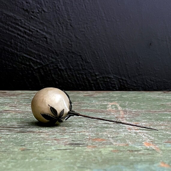 Vintage Hat Pin Large Faux Pearl Cradelled By 5 Point Metal Leaves 1930s-40s Era Large Pearlescent Orb Hat Pin Accessory to Hold Ladies Hat