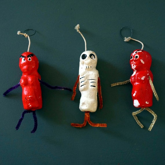 Vintage Paper Maché Skeleton and Devil Figurines Pipe Cleaner Legs Painted Pre-1960s Rare Halloween Ornaments Spooky Japanese Voo Doo Dolls