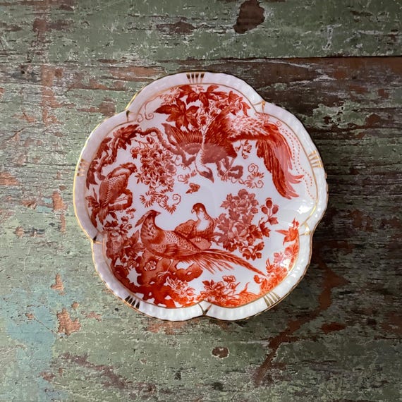 Vintage Small Dish Red Aves Tudor Rose Tray 4" Plate Royal Crown Derby China Pattern Orange on White Birds