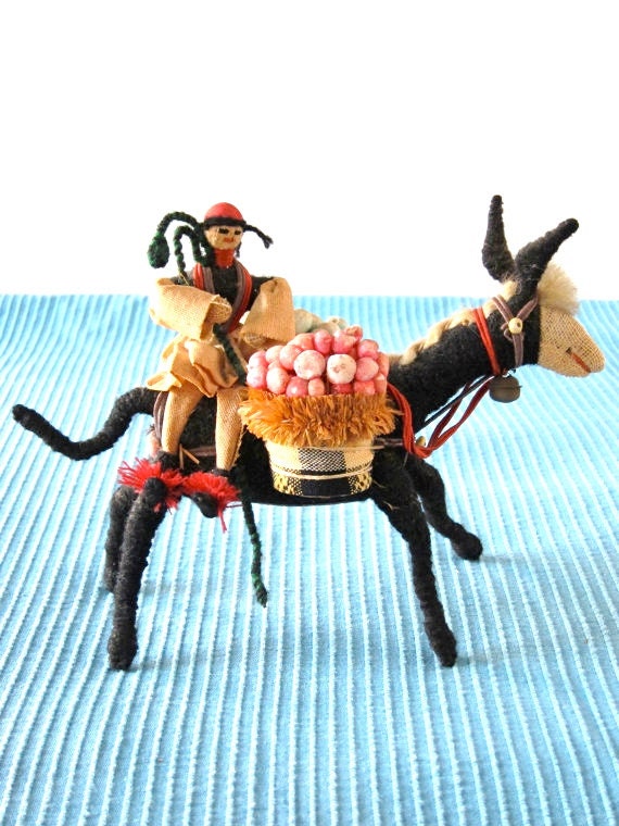 Vintage Donkey with Shephard Handmade Folk Art South American Alpaca Llama Herder on Burro Fiber Art Peru Figurine Basket Potatoes Mule Inca