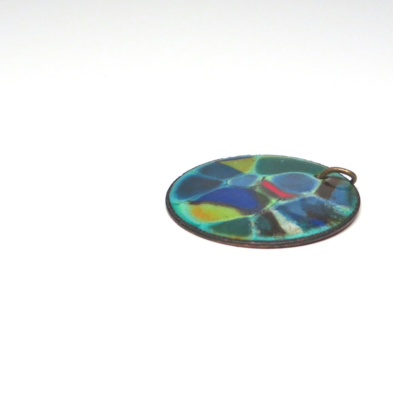 Vintage Pendant Colorful Enameled Round Copper Disc image 4