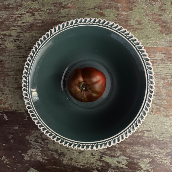Vintage Bowl Teal Harkerware Corinthian Pattern 9" Soup Bowl Green with White Twisted Rim Has Flaws