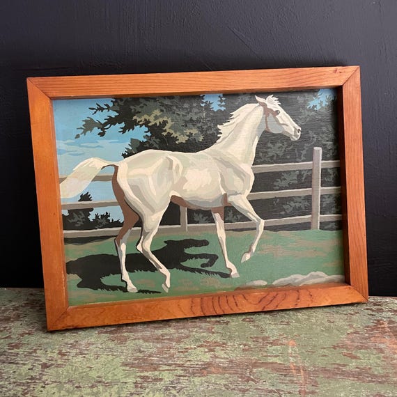 Vintage Horse Painting Wood Framed Wall Decor Paint By Number White Horse Behind A Fence Hand Painted Equestrian Art 1970s Retro Kitsch Pony