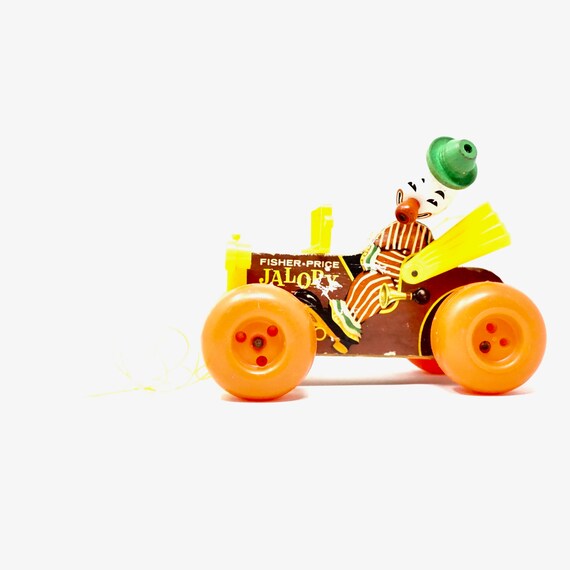 Vintage Clown Car Jalopy Fisher Price Pull Toy 1970s Wood Vehicle Plastic Orange Wheels Noisemaker Car Bobble Head Clown Classic Toy 70s Kid