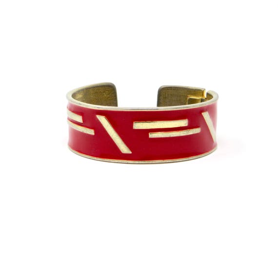 Vintage Red Cuff Bracelet Enamel Gold Toned Abstract 1980s