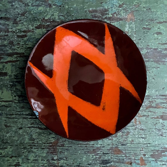 Vintage Dish Enameled Red and Orange Small Plate Geometric Enamel Finish Rust Color Abstract Design Plate Handmade Catchall Dish Decorative