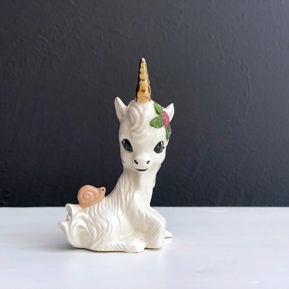 Vintage Unicorn with Snail 80s Tiny Unicorn Figurine Gold Horned White Mythical Creature Holly Spray Christmas Unicorn Big Eyed Ceramic