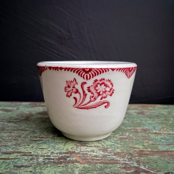 Vintage Tiny Cup Red White Transferware Egg Cup Sterling China Vitreous York Kitchen Equipment Co D-7 Restaurant Ware Buffalo Tan Red Floral