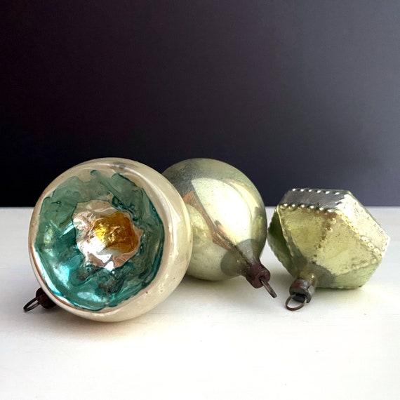 Vintage Glass Ornaments Mint Green Aqua Silvered Balls Small Mercury Glass Bulbs Indent Ball Teardrop Ornament Octagon Bulb Blown Glass Old