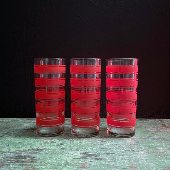 Vintage Drinking Glasses Red Striped Highballs Libbey Set of 3 Tom Collins Glasses Cherry Red Stripe Tumbler Tall Water Glasses Set of Three