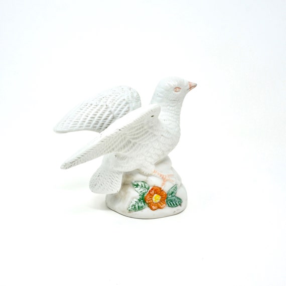 Vintage White Dove Figurine Bisque  Porcelain White Bird on Rock with Orange Flower Distressed Porcelain Peace Bird Figurine