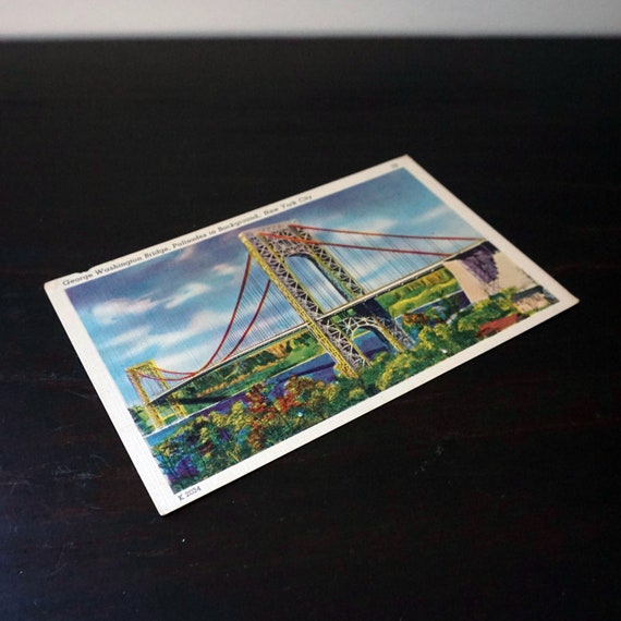 Vintage Postcard NYC George Washington Bridge New York City Palisades Photograph Hand Color Colourpicture Photo Image Unused Linen Post Card