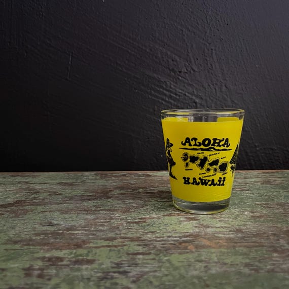Vintage Aloha Hawaii Shot Glass Yellow HI Tiny Glass for Shots Hawaiian Islands Souvenir Barware