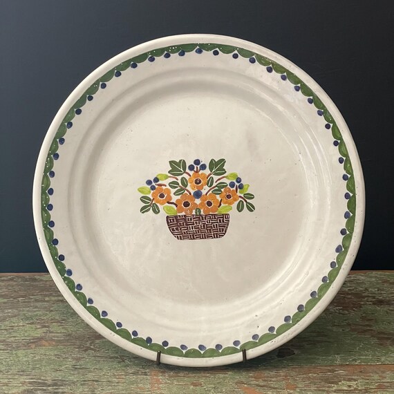 Vintage Portuguese Pottery Plate Yellow Flower Basket Hand Painted Dish 1980s White Glaze on Terracotta MM Portugal