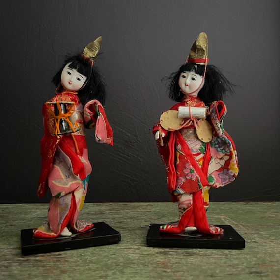 Vintage Dolls Japanese Gofun Souvenir from Japan Geisha Doll Pair Traditional Costume Kimonos