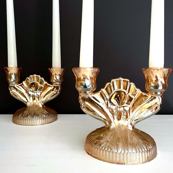 Vintage Candle Holders Pair Glass Taper Holders Peach Iridescent Iris Pattern Jeannette Glass 60s Depression Glass Double Light Candlesticks