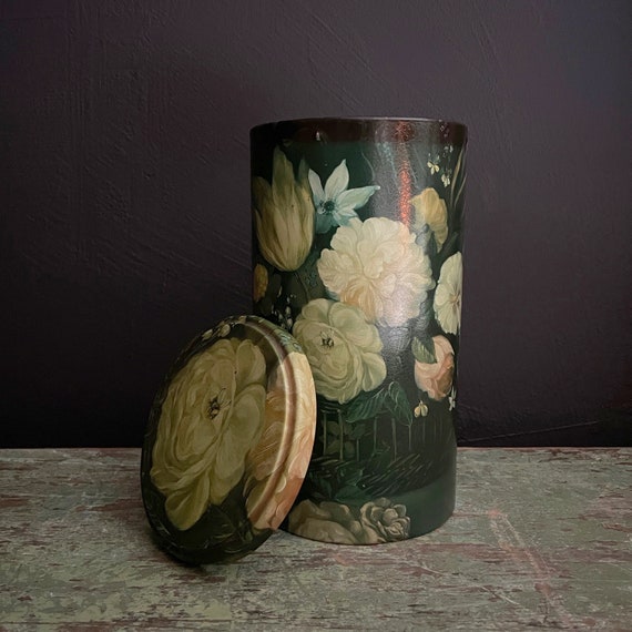 Vintage Canister Floral Tin with Lid Tall Tin Container Baroque Flowers Painterly Print Dark Hues Tin Storage Jar Massilly France