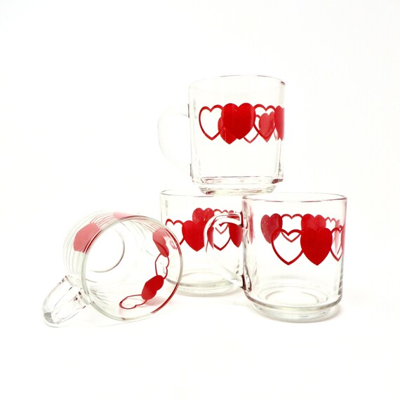 Vintage Heart Mugs Set of Four Red Hearts and Heart Outline Printed on Clear Glass Handled Cups