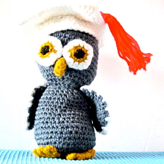 Vintage Owl Amigurumi Handmade Grey Yellow Graduation Owl