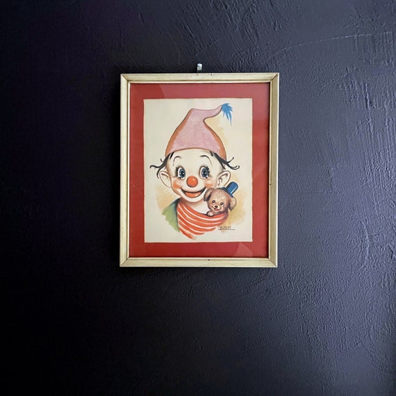 Vintage Framed Clown Print Dianne Dengel Happy Clown with Puppy Drawing Reproduction Red Matte White Wood Frame 1960s Clown Art Kitsch Decor