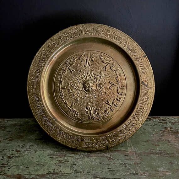 Vintage Mayan Calendar Wall Plate Copper Embossed Tray Aztec Calendar Wall Art Metal Dish Mexican Wall Hanging 11" Plate Maya Great Cycle