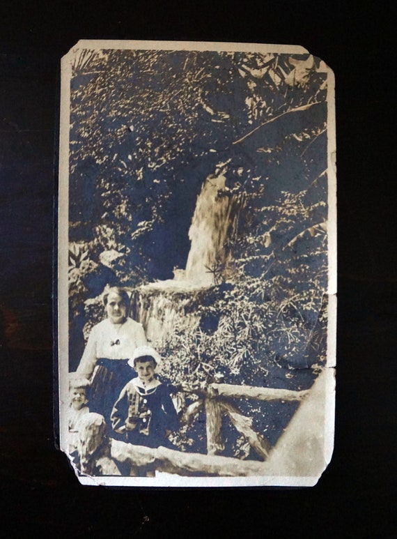 Antique Photograph Waterfall Mother & Children Rustic Bridge Early 1900s Silvering Sepia Tone Old Photo Girl Boy Woman Edwardian Era Clothes