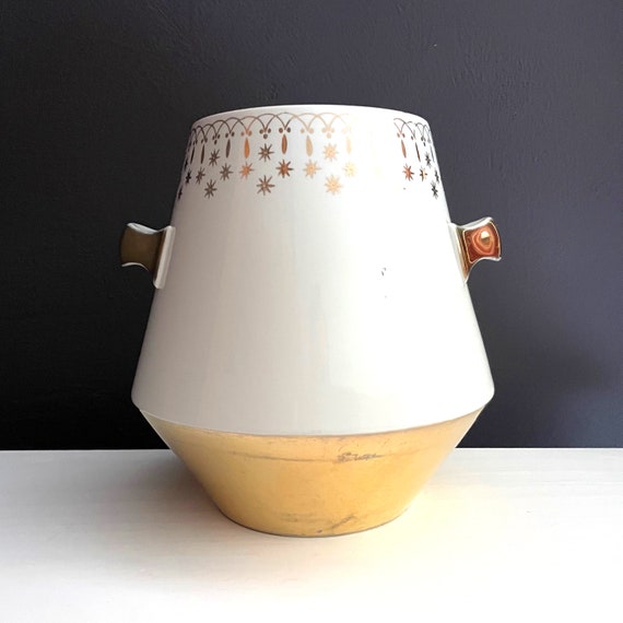 Vintage Hall China Flare-Ware Gold Lace Cookie Jar No Lid White Ceramic w/ Gold Atomic Starbursts Handled Mid Century Pottery Use As A Vase