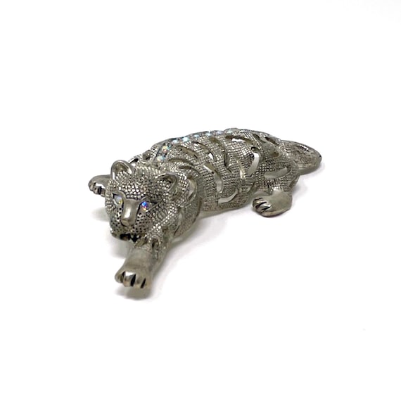 Vintage Tiger Brooch Marcasite Silver Wildcat Pin Aurora Borealis Crystal Eyes Spine Jungle Cat Costume Jewelry 1980s Art Deco Large Brooch