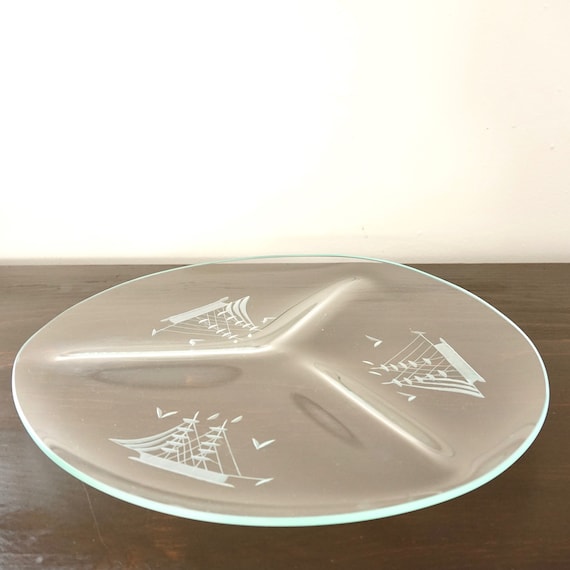 Vintage Glass Tray Etched Ships Round Divided Platter 3 Sections Molded Glass Frosted Tall Ship Motif Appetizer Server Schooner Boat Mast