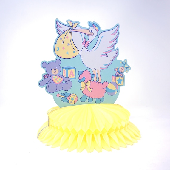 Vintage Baby Shower Decor Stork Paper Cut Out on Yellow Honeycomb Tissue Paper Decoration Table Top 80s Shower Party Its A Boy or Girl