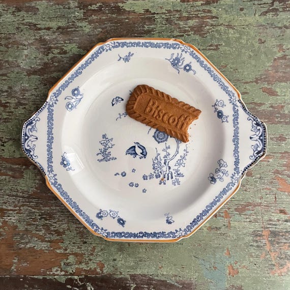 Antique Transferware Inch Dish Octagonal Handle Cake Plate Blue White Floral Quail Old Bow Kakiyemon Pattern Woods Ware Wood & Sons England