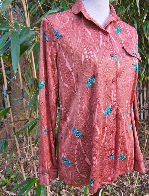 Vintage Blouse Feather Print Polyester Teal Sandlewood