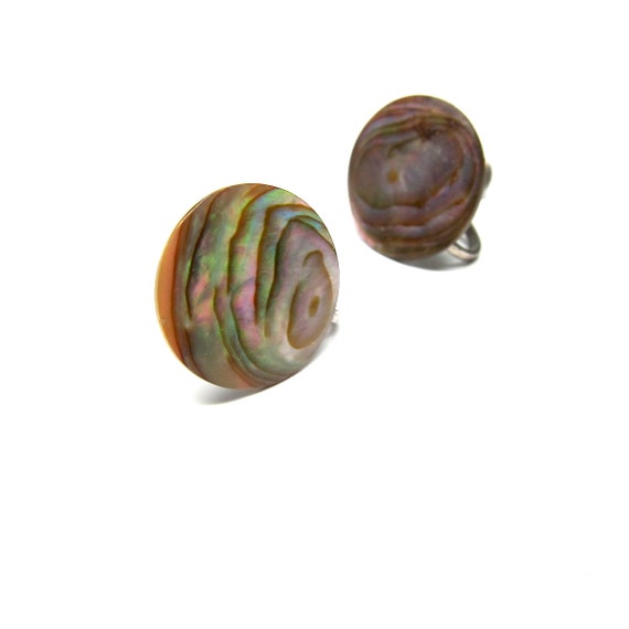 Vintage Abalone Earrings Screw Back Shell Discs Opalescent