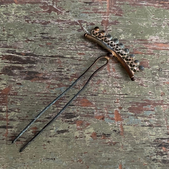 Antique Hair Pin Brass Oxidized Late Victorian Stick Pin For Hair Accessory Oriental Style Brass Beads Oxidized Green Orante Hair Jewelry