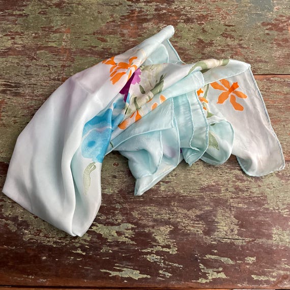 Vintage Scarf Vera Pale Blue Floral Silk Scarf Purple Orange Flowers Watercolor Look 30" x 30" Silk Scarf Made In Japan Rolled Edges FLAWS
