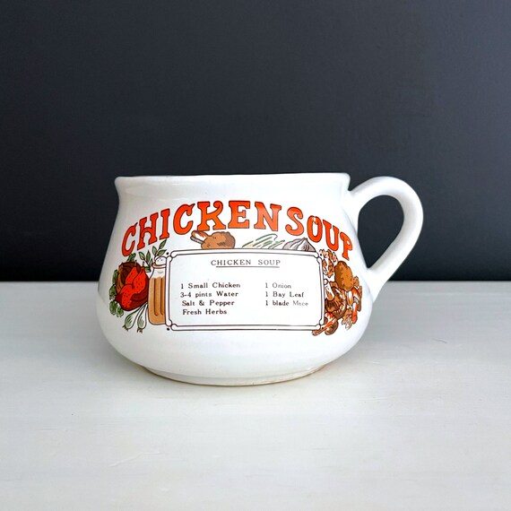 Vintage Chicken Soup Mug Recipe Bowl for Soup with Handle White Ceramic Large Mug Orange Lettering Classic 1980s Kitchen Comfort Food Autumn