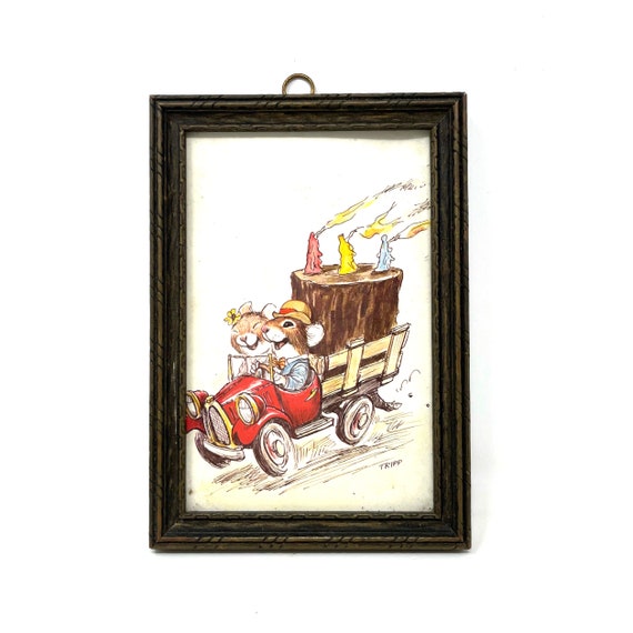 Vintage Framed Mice Illustration 1970s Tripp Cartoon Print Mice in a Car Kitsch Mouse Art Wallace Tripp Card in Wood Frame