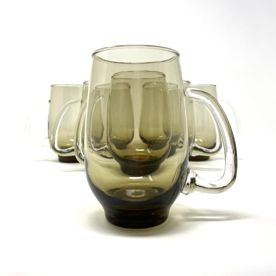 Vintage Smoke Glasses Libbey Tempo Brown Tankards 16 oz Glass with Handles Beer Mug Set of 6 Clear Gray Glassware Steins Contemporary 1970s