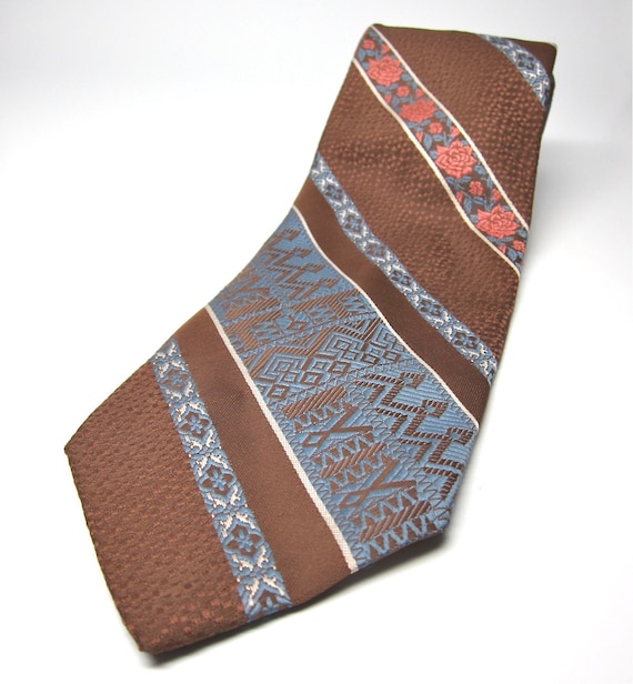Vintage Wide Tie Roses Pink Brown Powder Blue Necktie