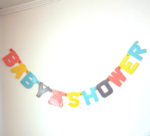 Vintage Party Banner Baby Shower Paper Letters Jointed Pink Bear Motif Its a Girl Pastel Colors 1980s Party Decor