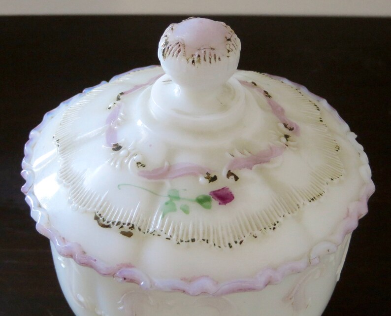 Antique Dithridge Sugar Bowl with Lid Astoria Rose Pattern 1900s Pressed Glass Hand Painted Pink