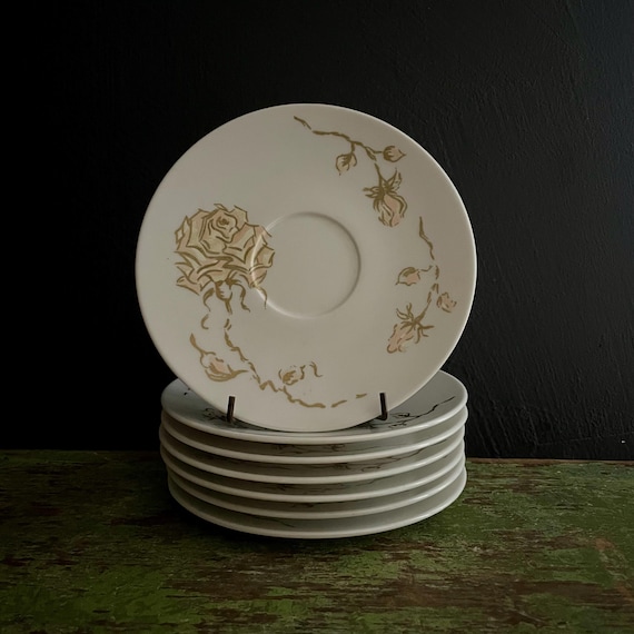 Vintage Gold Rose Melamine Small Dishes Melmac Saucers Apollo Ware Alexander Barna Pale Pink Roses Gold Accents 60s Plastic Cup Saucer 7 Pcs