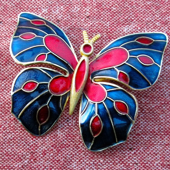 Vintage Butterfly Pin Blue and Red Enamel Brooch Jewel Tone Costume Jewelry