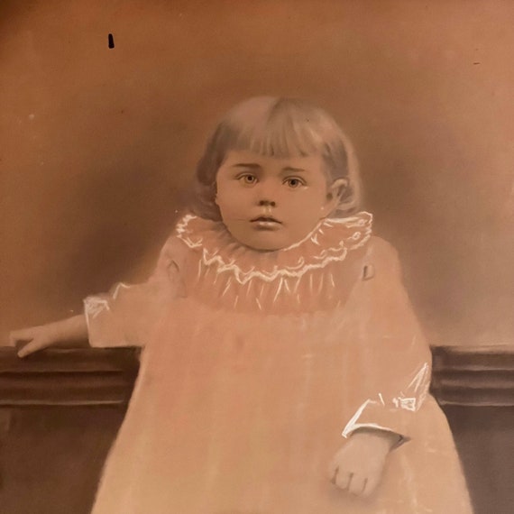 Antique Portrait Little Girl Spooky Toddler Child Charcoal Drawing Wood Frame Large Wall Art OOAK Historical New England Farmhouse VT As Is