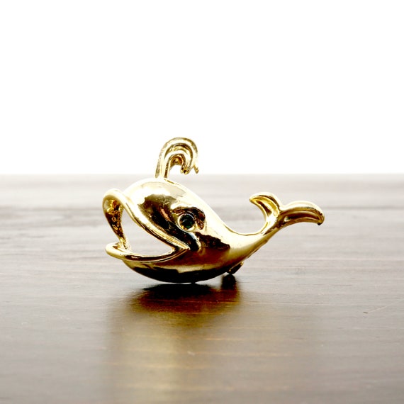 Vintage Whale Pin Gold Toned Green Crystal Eye Happy Whale with Spout Brooch 1960s Costume Jewelry Nautical Kitsch Mid Century Fun Jewelry