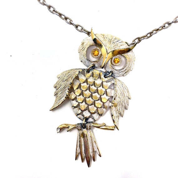 Vintage Owl Necklace Gold Toned Huge Hoot Owl Hinged Pendant 3 Sections White Owl Painted Textured Metal with Yellow Crystal Eyes Long Chain
