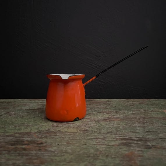 Vintage Turkish Coffee Pot Orange Enamel Dipper Ladle Pouring Cup for Frothing Tiny Pitcher Long Handled